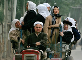 Уйгуры едут на тракторе на базар в Кашгаре