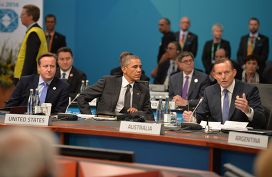 Дэвид Кэмерон, Барак Обама и Тони Эббот на рабочем заседании "Группы двадцати"